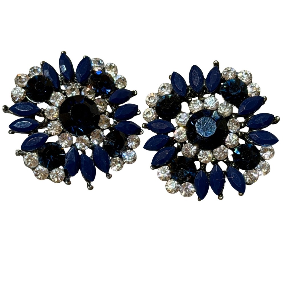 Sparkly Dark Blue Silver Stud Earrings Costume Jewelry Dressy Formal Starburst‎